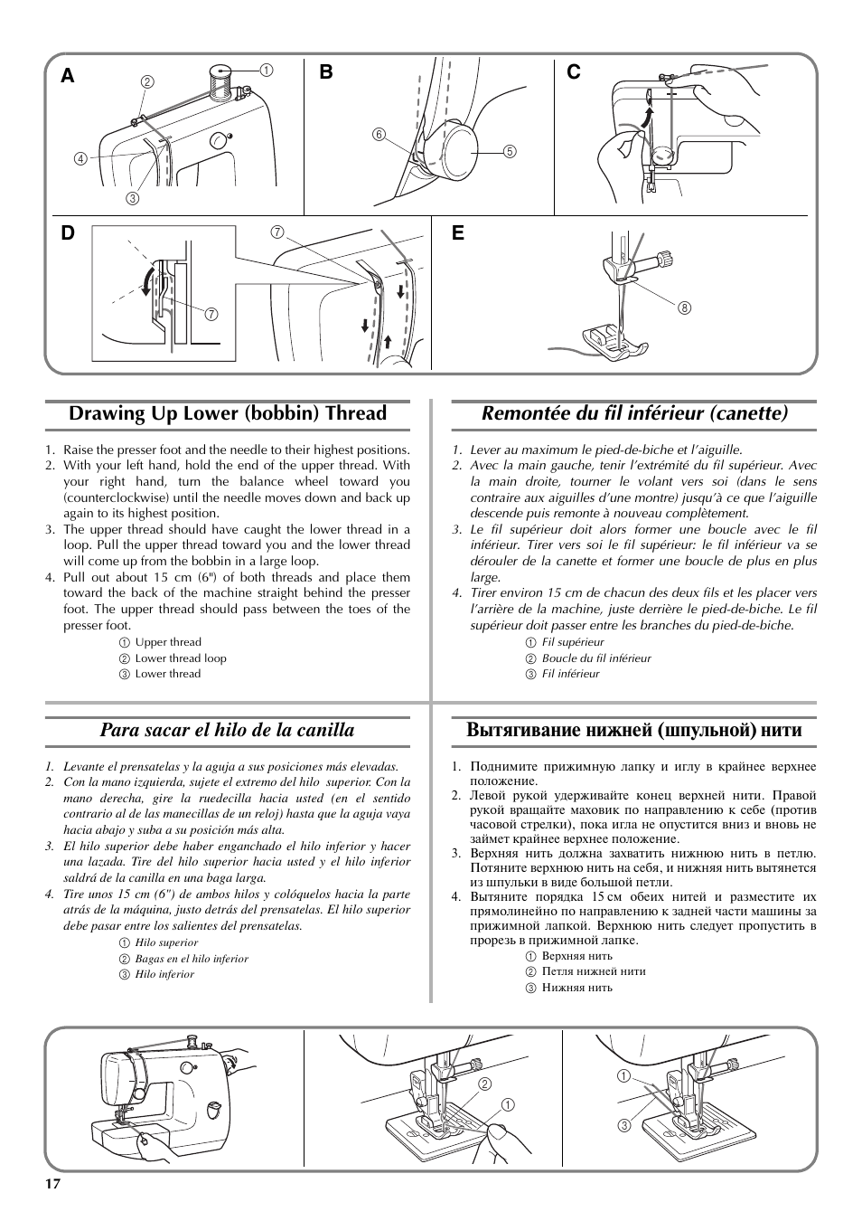 Drawing up lower (bobbin) thread, Remontée du fil inférieur (canette), Para sacar el hilo de la canilla | Вытягивание нижней (шпульной) нити, Ec b a d | Brother LS-3125 User Manual | Page 26 / 68