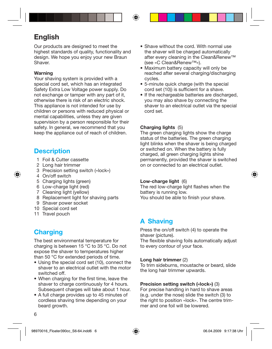 English, Description, Charging | A shaving | Braun 390cc Series 3 User Manual | Page 6 / 61