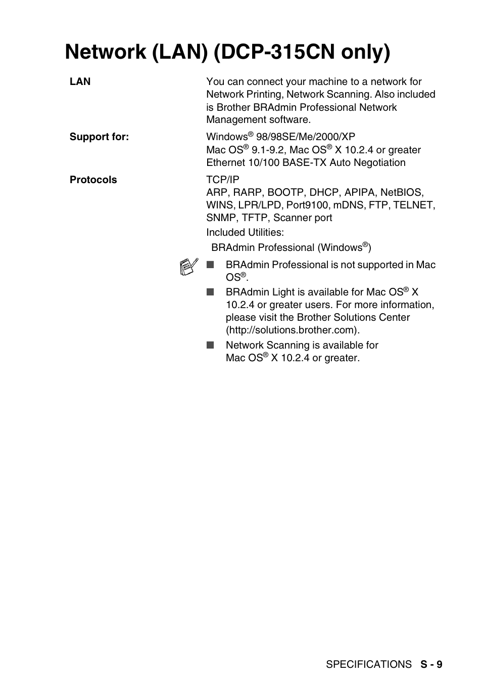 Network (lan) (dcp-315cn only) | Brother DCP-115C User Manual | Page 107 / 110