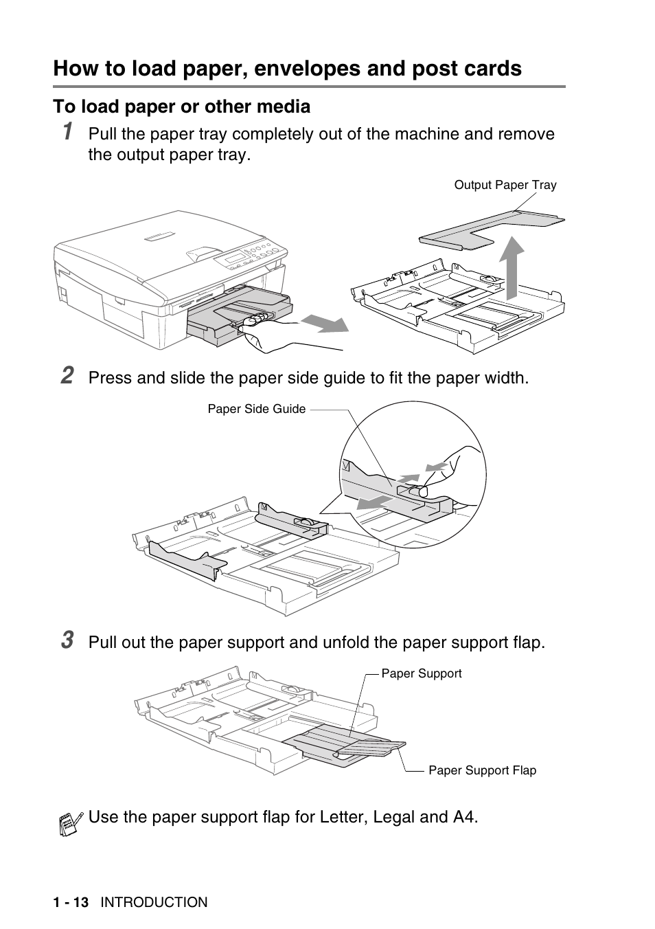 How to load paper, envelopes and post cards, To load paper or other media, How to load paper, envelopes and post cards -13 | To load paper or other media -13 | Brother DCP-115C User Manual | Page 26 / 110
