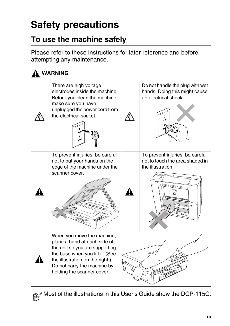 Safety precautions, To use the machine safely | Brother DCP-115C User Manual | Page 5 / 110