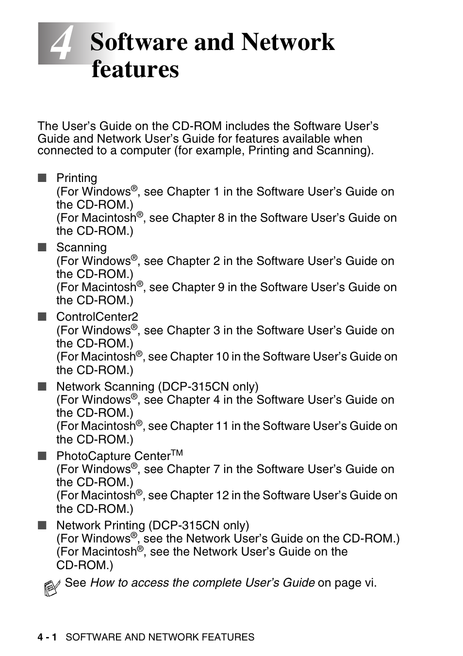 4 software and network features, Software and network features -1, Software and network features | Brother DCP-115C User Manual | Page 62 / 110