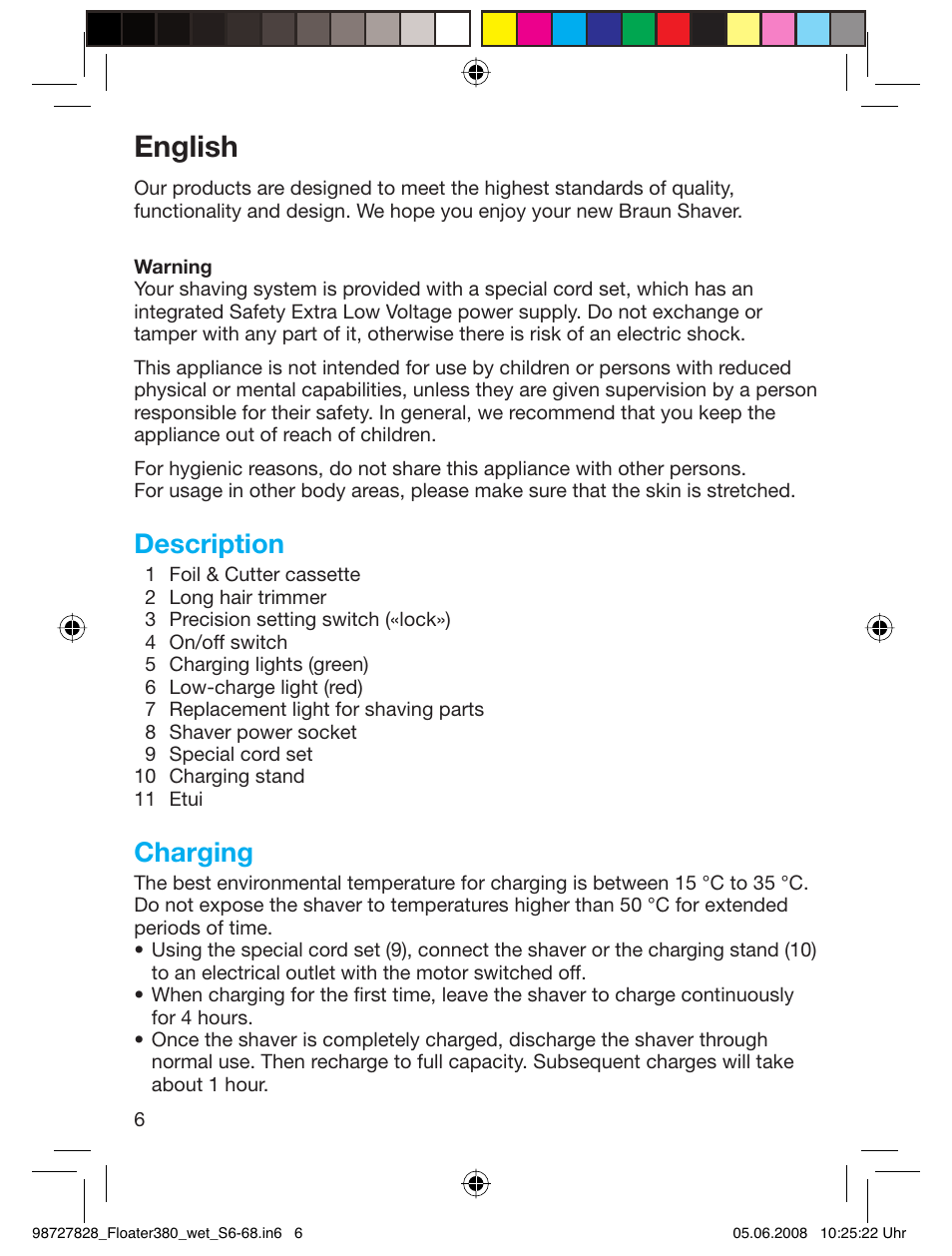 English, Description, Charging | Braun 380 Series 3 User Manual | Page 5 / 62