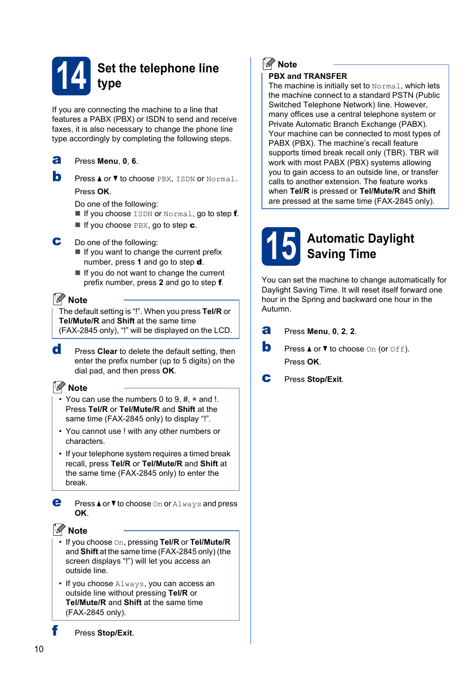 14 set the telephone line type, 15 automatic daylight saving time, Set the telephone line type | Automatic daylight saving time | Brother FAX-2845 User Manual | Page 10 / 13