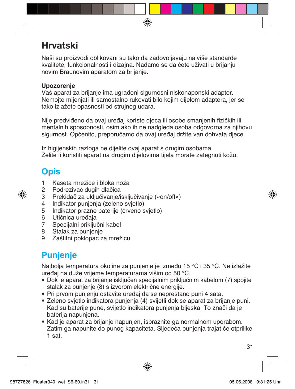 Hrvatski, Opis, Punjenje | Braun 340 Series 3  RU User Manual | Page 30 / 56