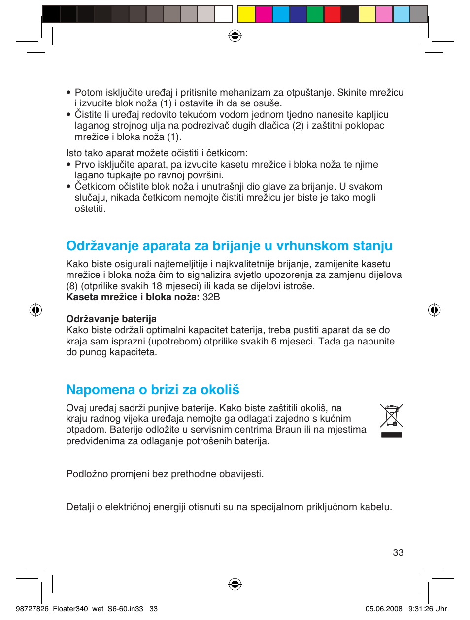 Održavanje aparata za brijanje u vrhunskom stanju, Napomena o brizi za okoliš | Braun 340 Series 3  RU User Manual | Page 32 / 56