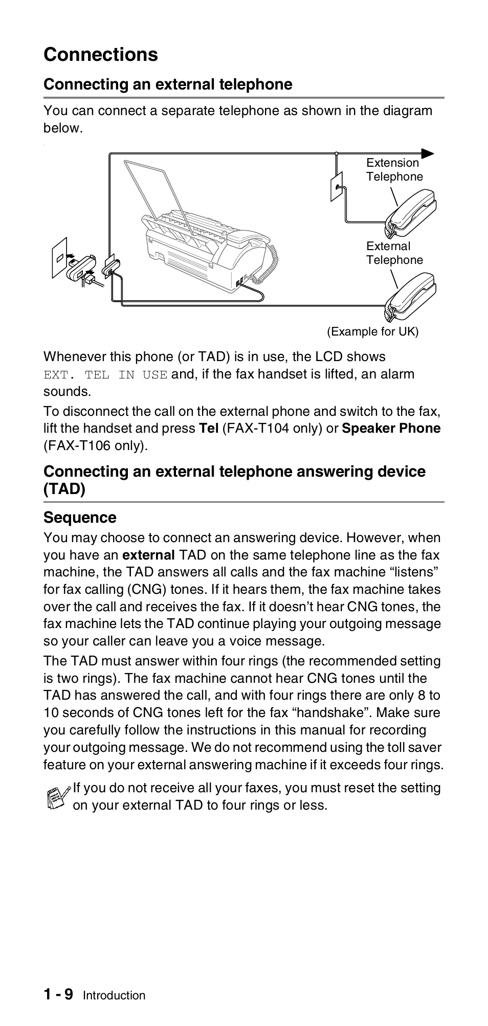 Connections, Connecting an external telephone, Connections -9 | Tad) -9 | Brother FAX-T106 User Manual | Page 22 / 119
