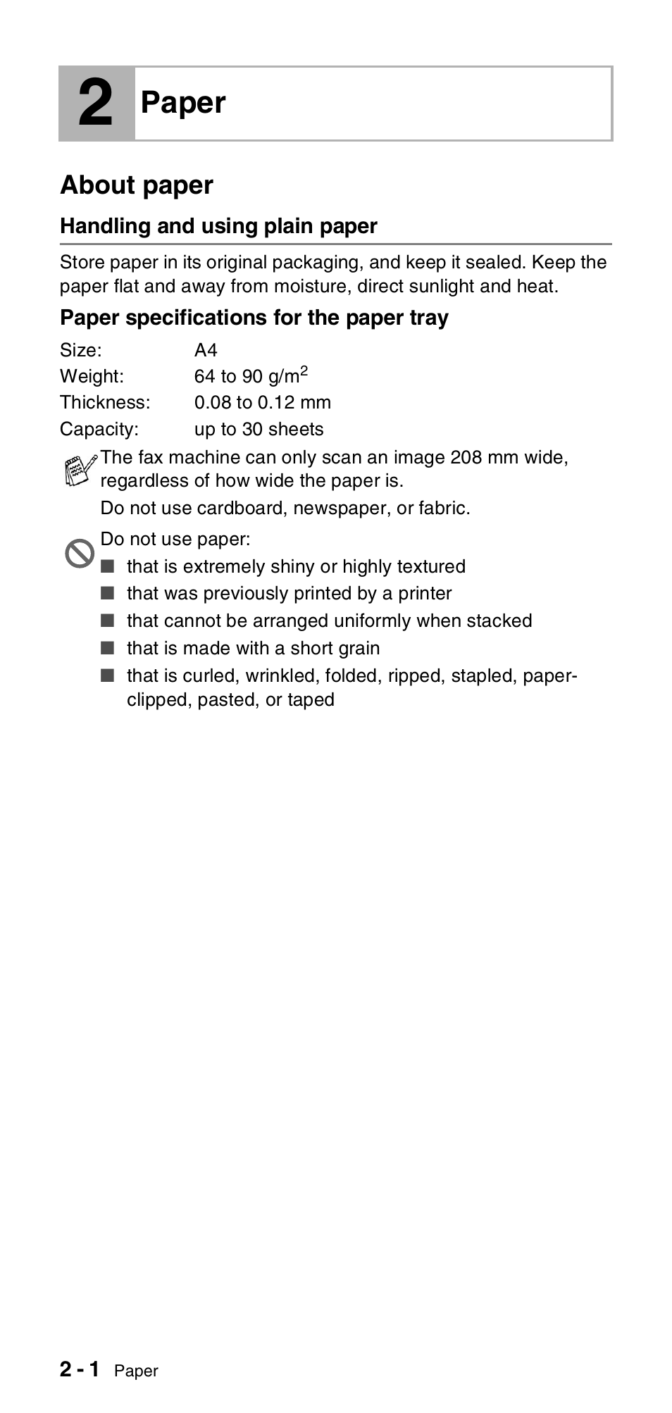 2 paper, About paper, Handling and using plain paper | Paper -1, About paper -1, Handling and using plain paper -1, Paper | Brother FAX-T106 User Manual | Page 26 / 119