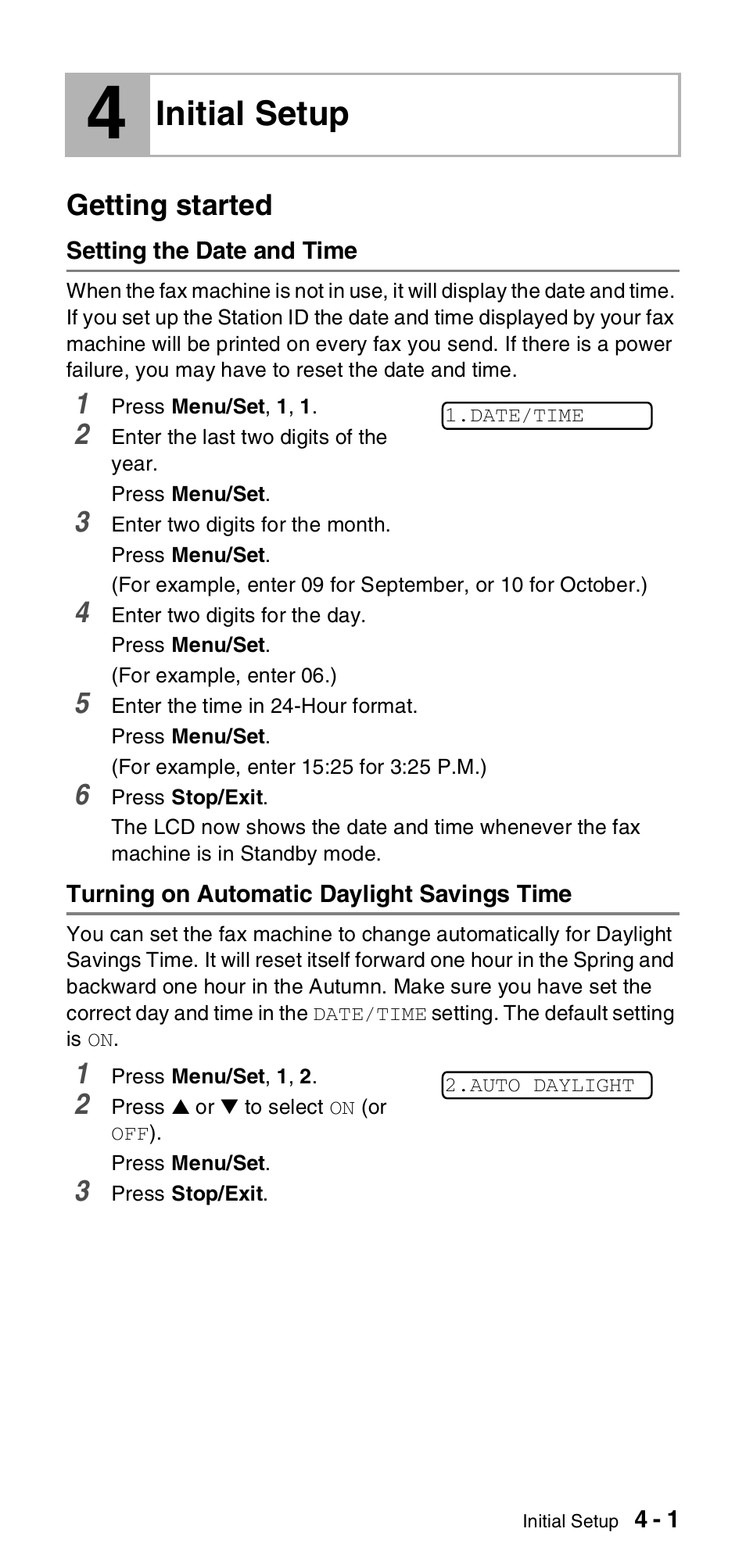 4 initial setup, Getting started, Setting the date and time | Turning on automatic daylight savings time, Initial setup -1, Getting started -1, Initial setup | Brother FAX-T106 User Manual | Page 35 / 119