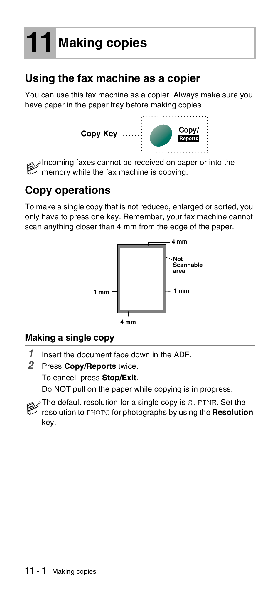 11 making copies, Using the fax machine as a copier, Copy operations | Making a single copy, Making copies -1, Making a single copy -1, Making copies | Brother FAX-T106 User Manual | Page 94 / 119