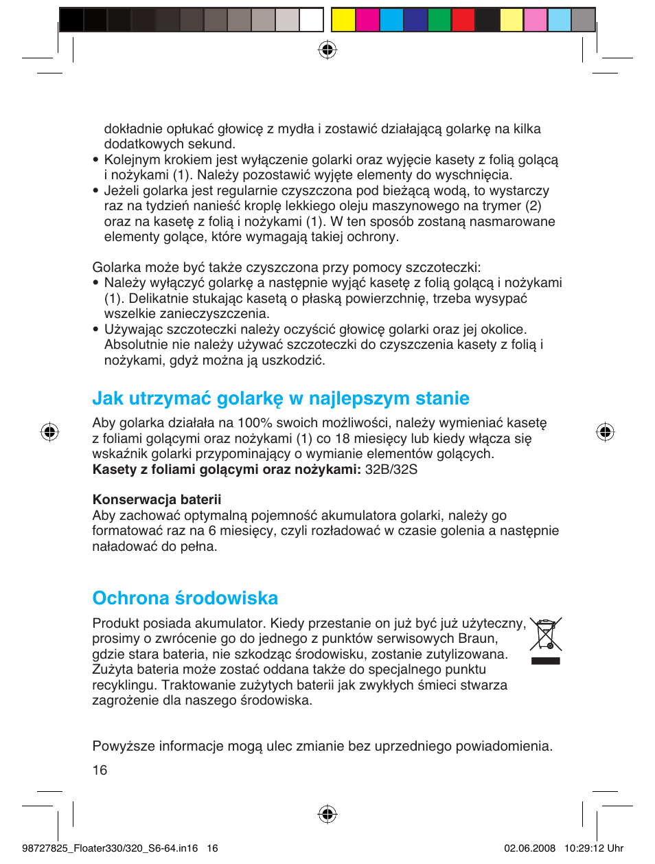 Jak utrzymać golarkę w najlepszym stanie, Ochrona środowiska | Braun 330-5776 Series 3 User Manual | Page 15 / 58