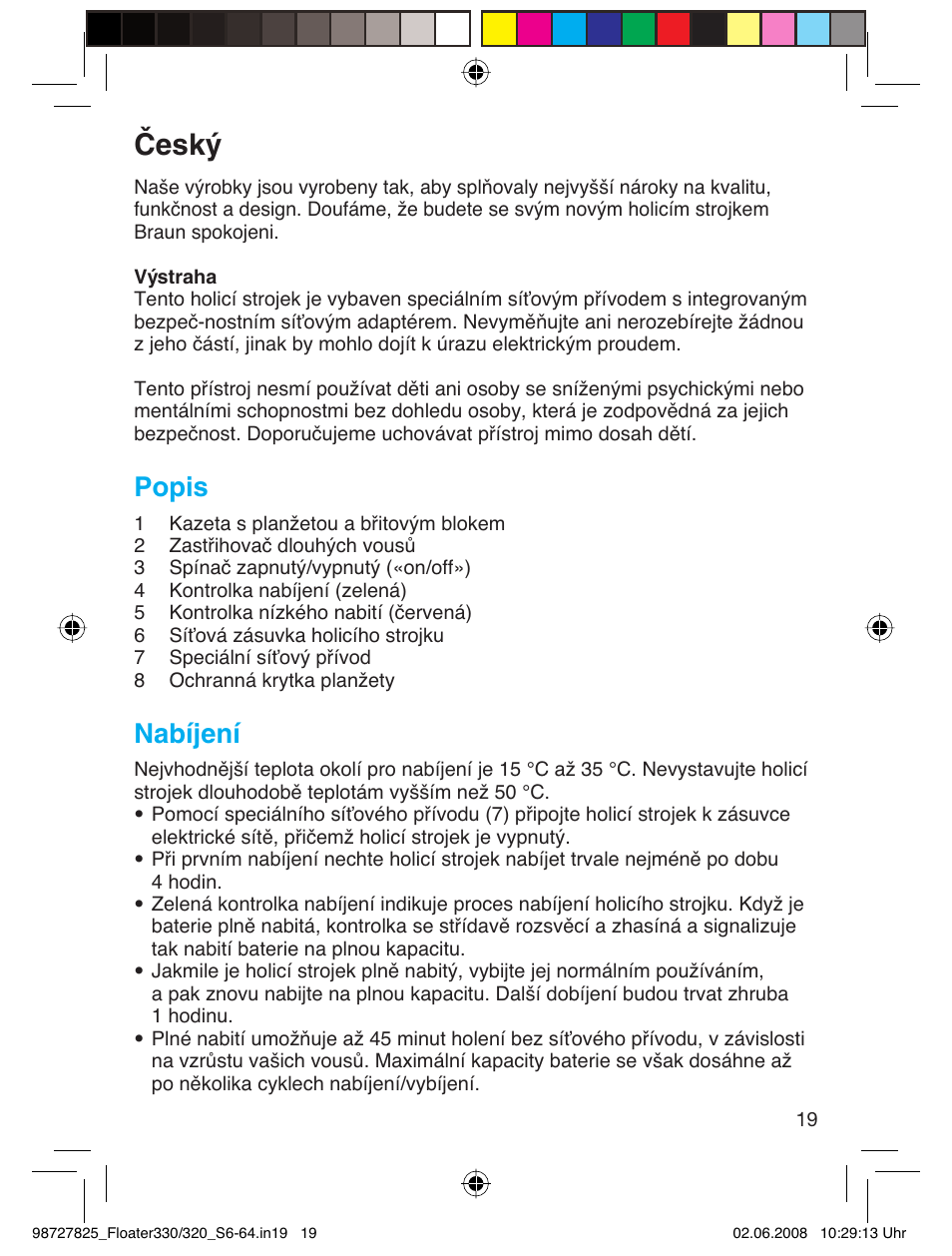 Český, Popis, Nabíjení | Braun 330-5776 Series 3 User Manual | Page 18 / 58