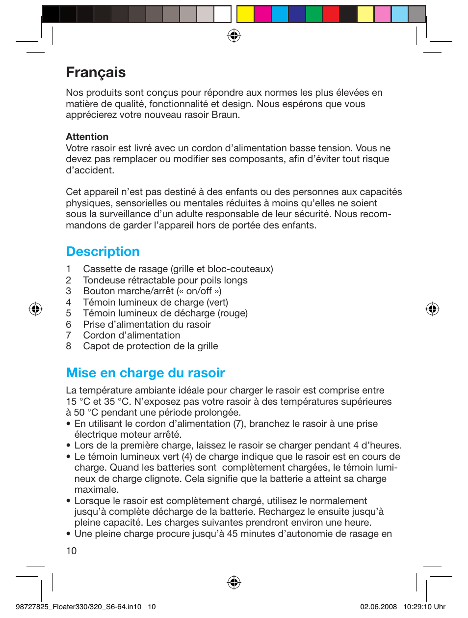 Français, Description, Mise en charge du rasoir | Braun 330-5776 Series 3 User Manual | Page 9 / 58