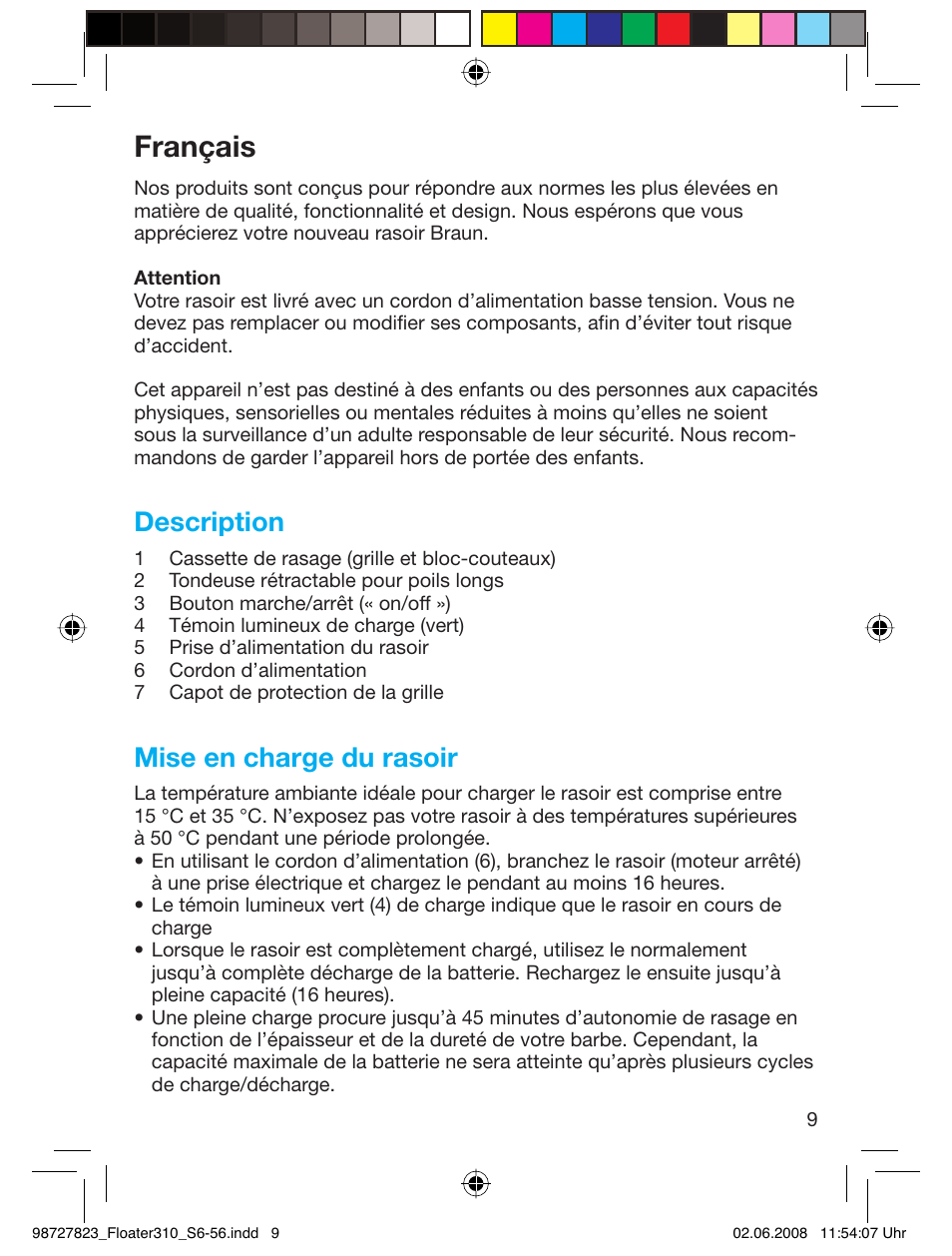 Français, Description, Mise en charge du rasoir | Braun 310 Series 3 User Manual | Page 8 / 51