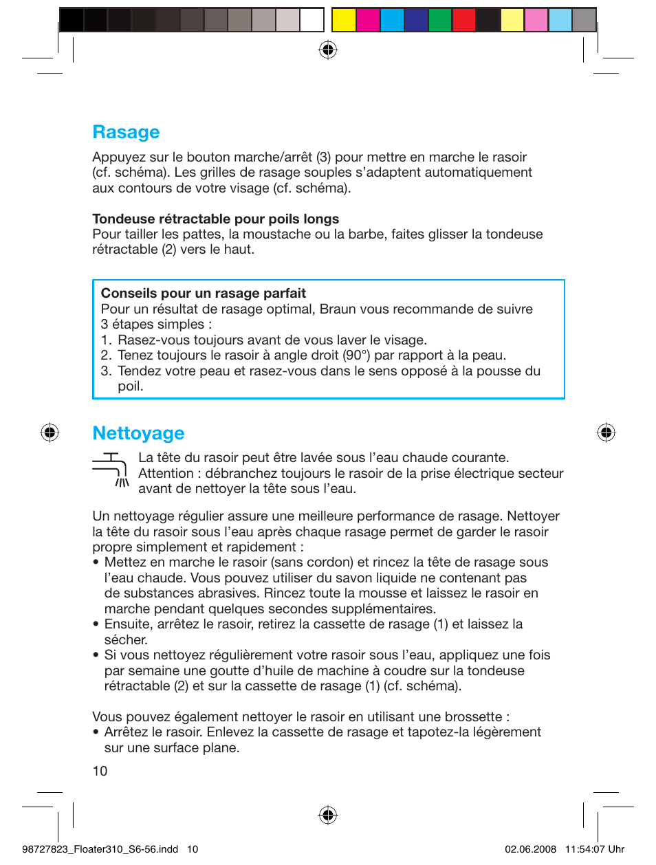 Rasage, Nettoyage | Braun 310 Series 3 User Manual | Page 9 / 51