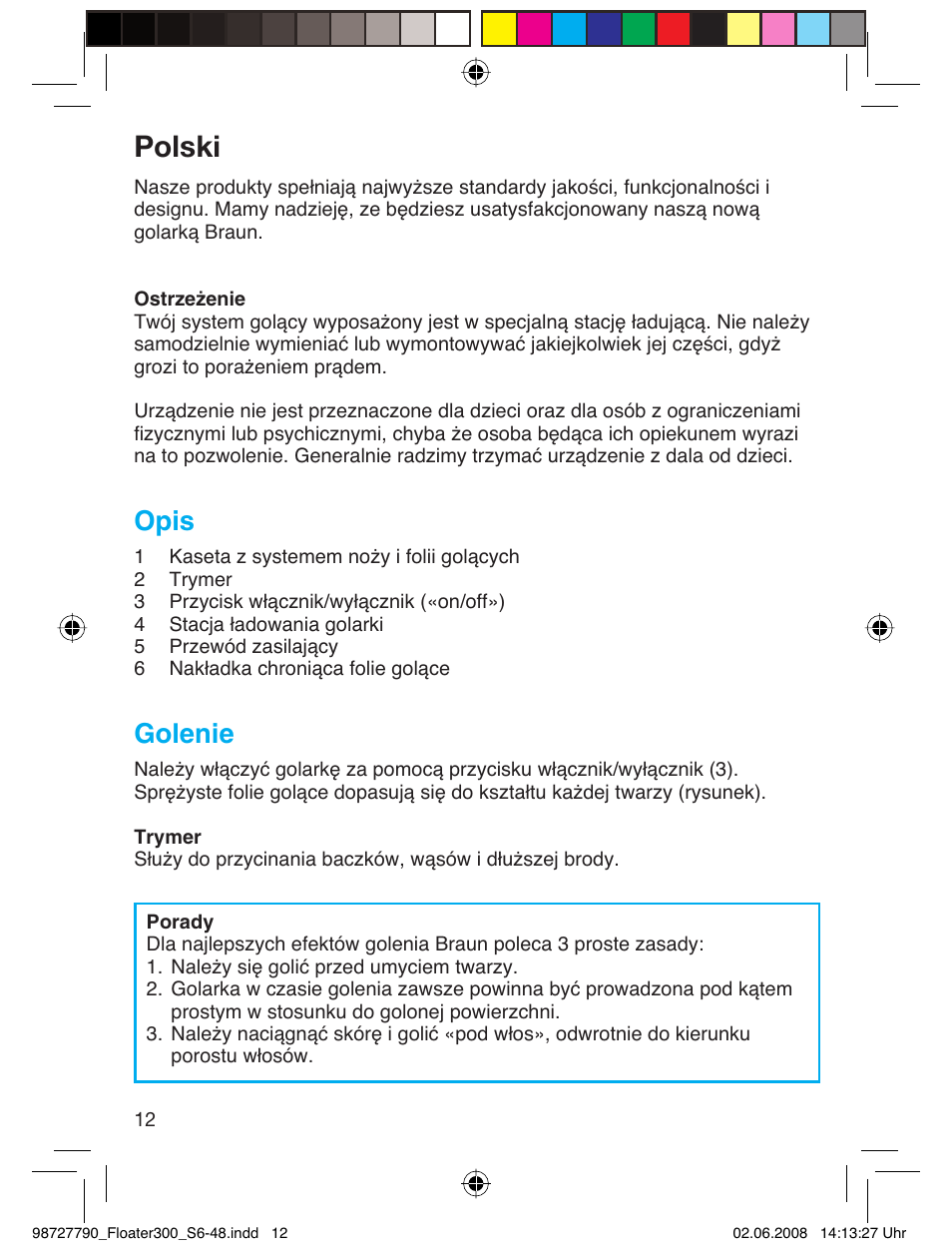 Polski, Opis, Golenie | Braun 300 Series 3  RU User Manual | Page 11 / 45