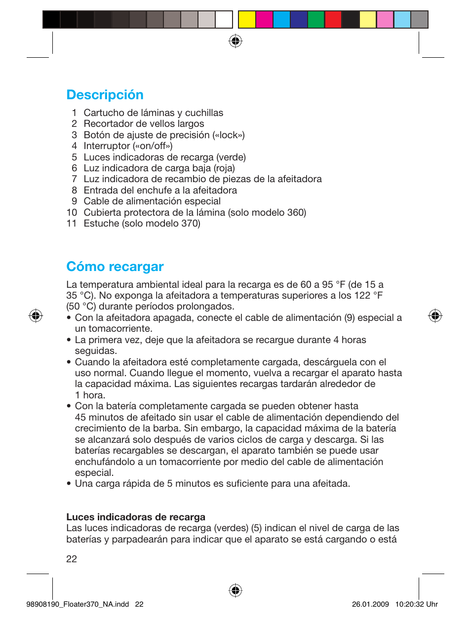 Descripción, Cómo recargar | Braun 360 Series 3 User Manual | Page 21 / 25
