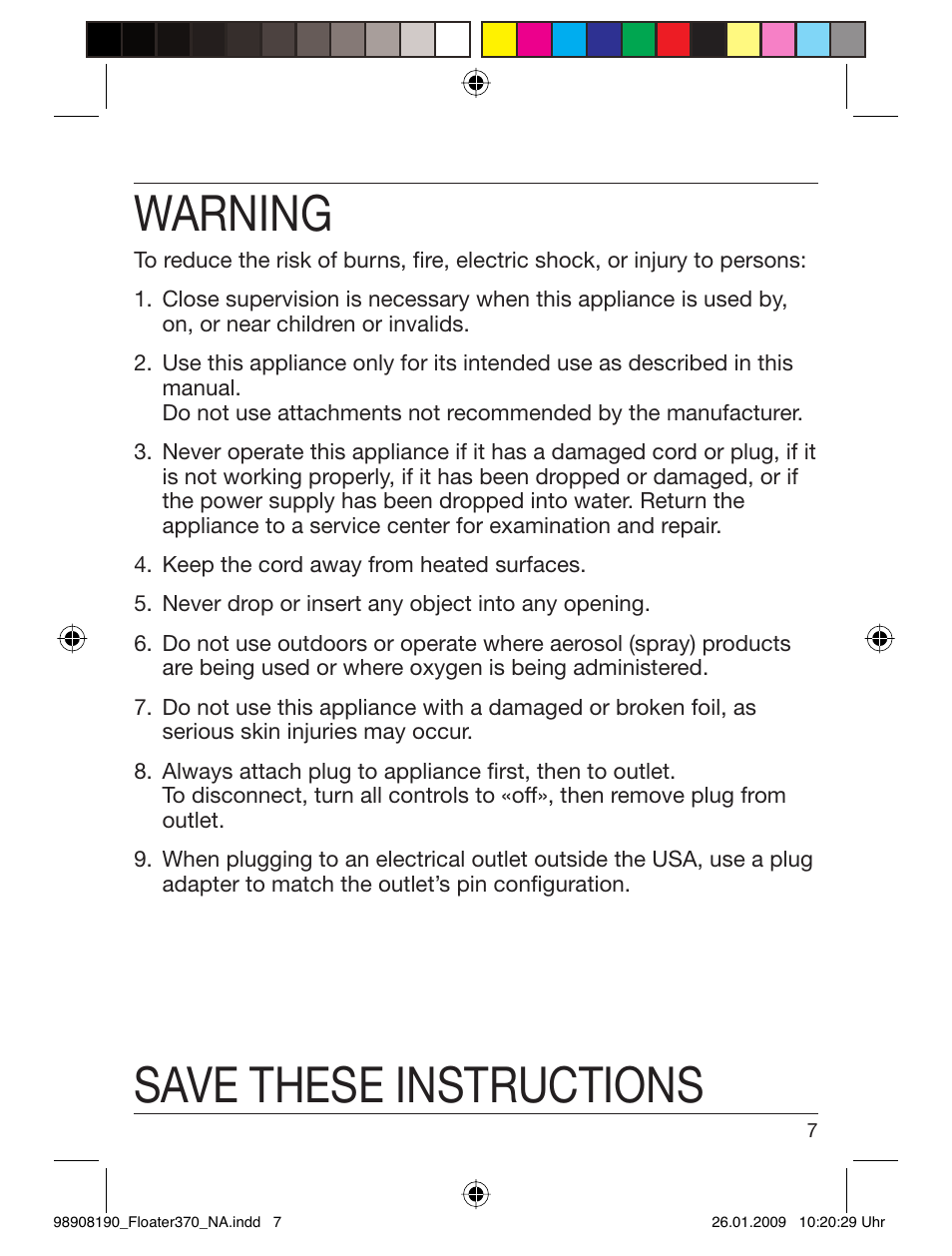 Warning, Save these instructions | Braun 360 Series 3 User Manual | Page 6 / 25