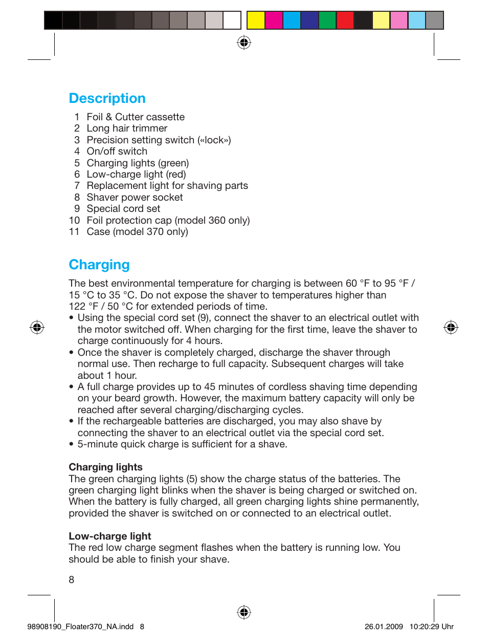 Description, Charging | Braun 360 Series 3 User Manual | Page 7 / 25