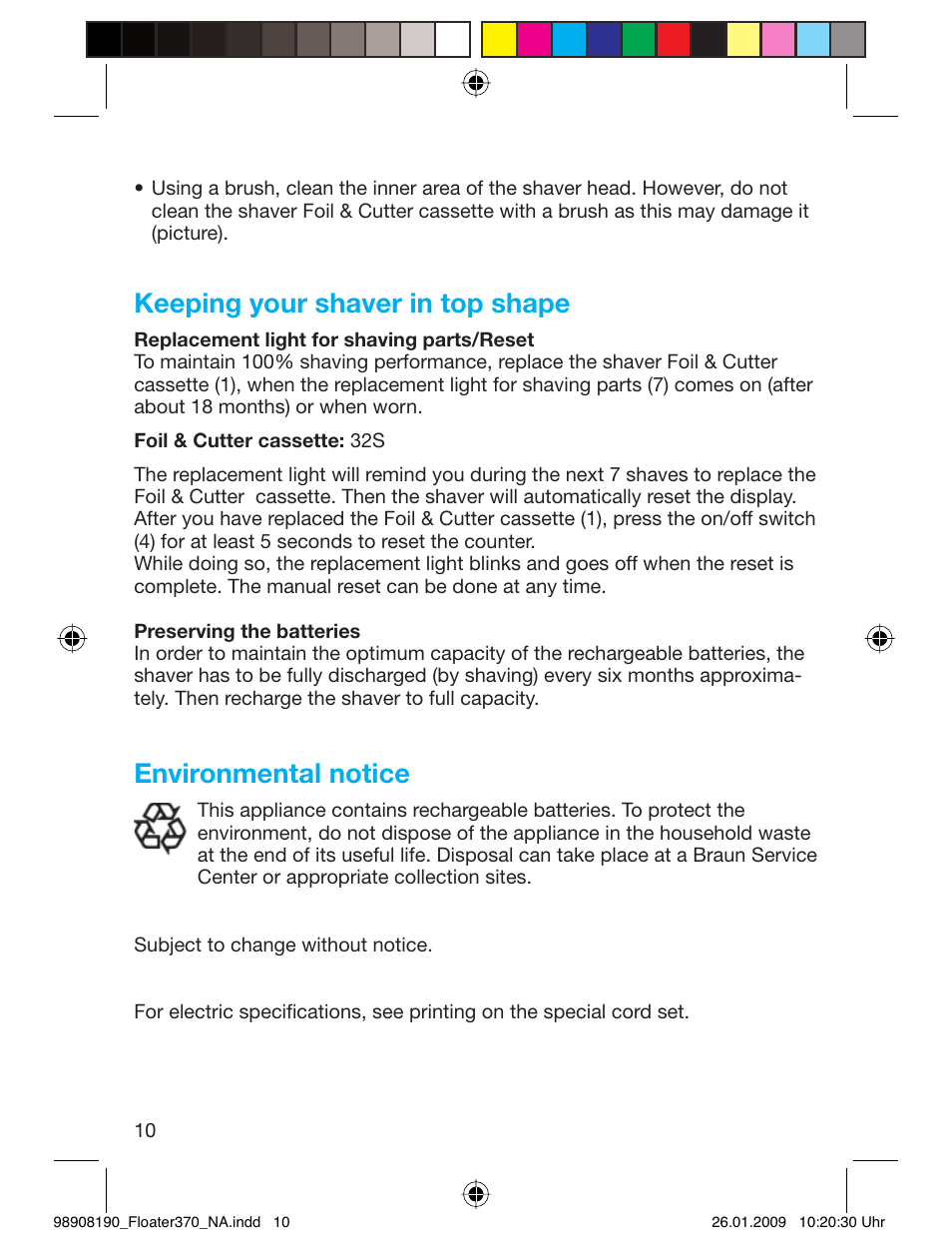 Keeping your shaver in top shape, Environmental notice | Braun 360 Series 3 User Manual | Page 9 / 25