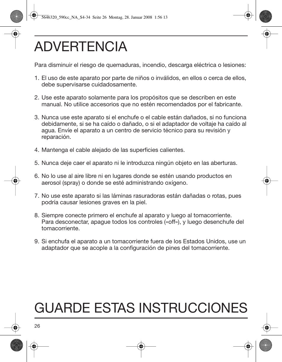 Advertencia, Guarde estas instrucciones | Braun 590cc-5646 Series 5 User Manual | Page 26 / 34