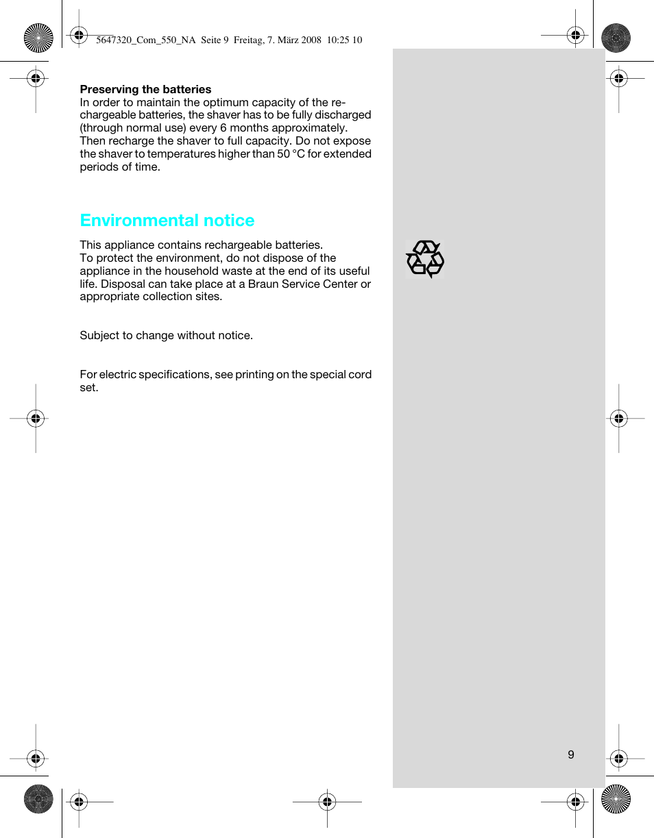 Environmental notice | Braun 550-5647 Series 5 User Manual | Page 9 / 26