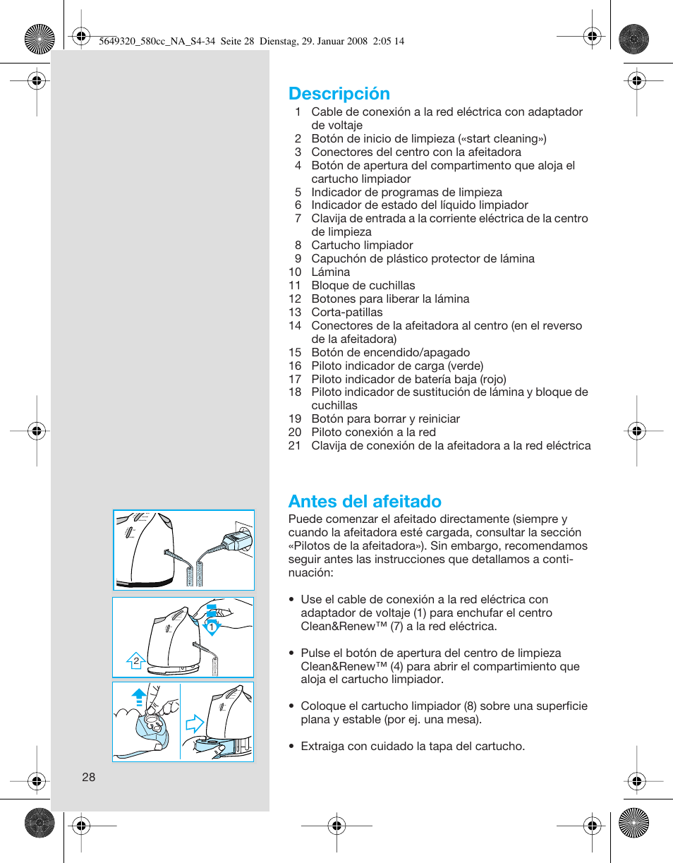Descripción, Antes del afeitado | Braun 570cc-5649 Series 5 User Manual | Page 28 / 34