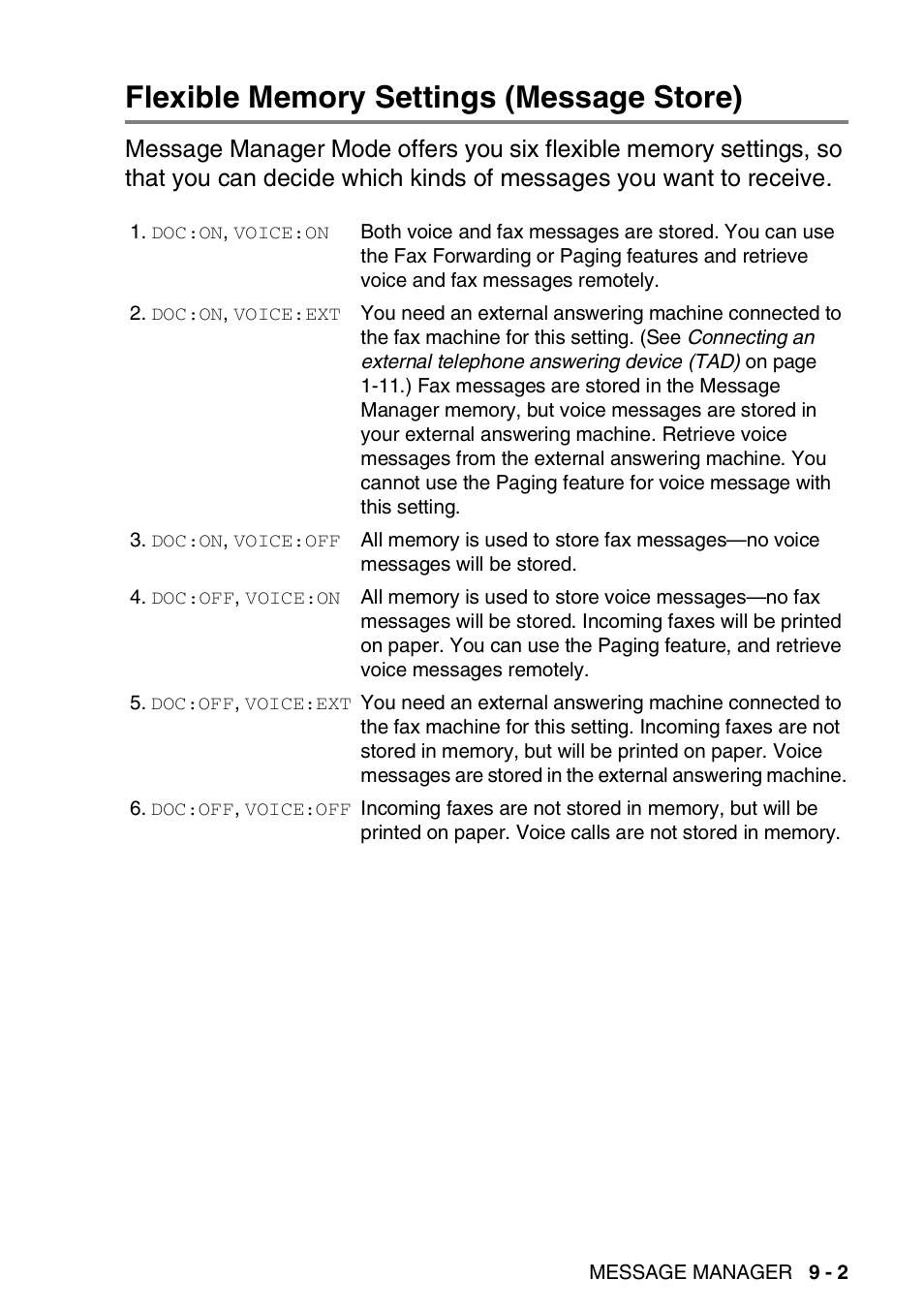 Flexible memory settings (message store), Flexible memory settings (message store) -2 | Brother FAX-T94 User Manual | Page 111 / 166