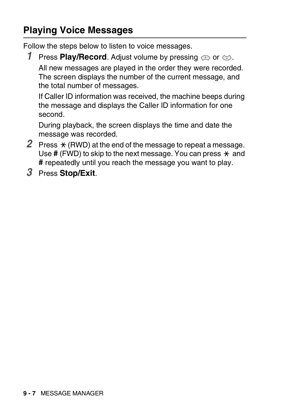 Playing voice messages, Playing voice messages -7 | Brother FAX-T94 User Manual | Page 116 / 166