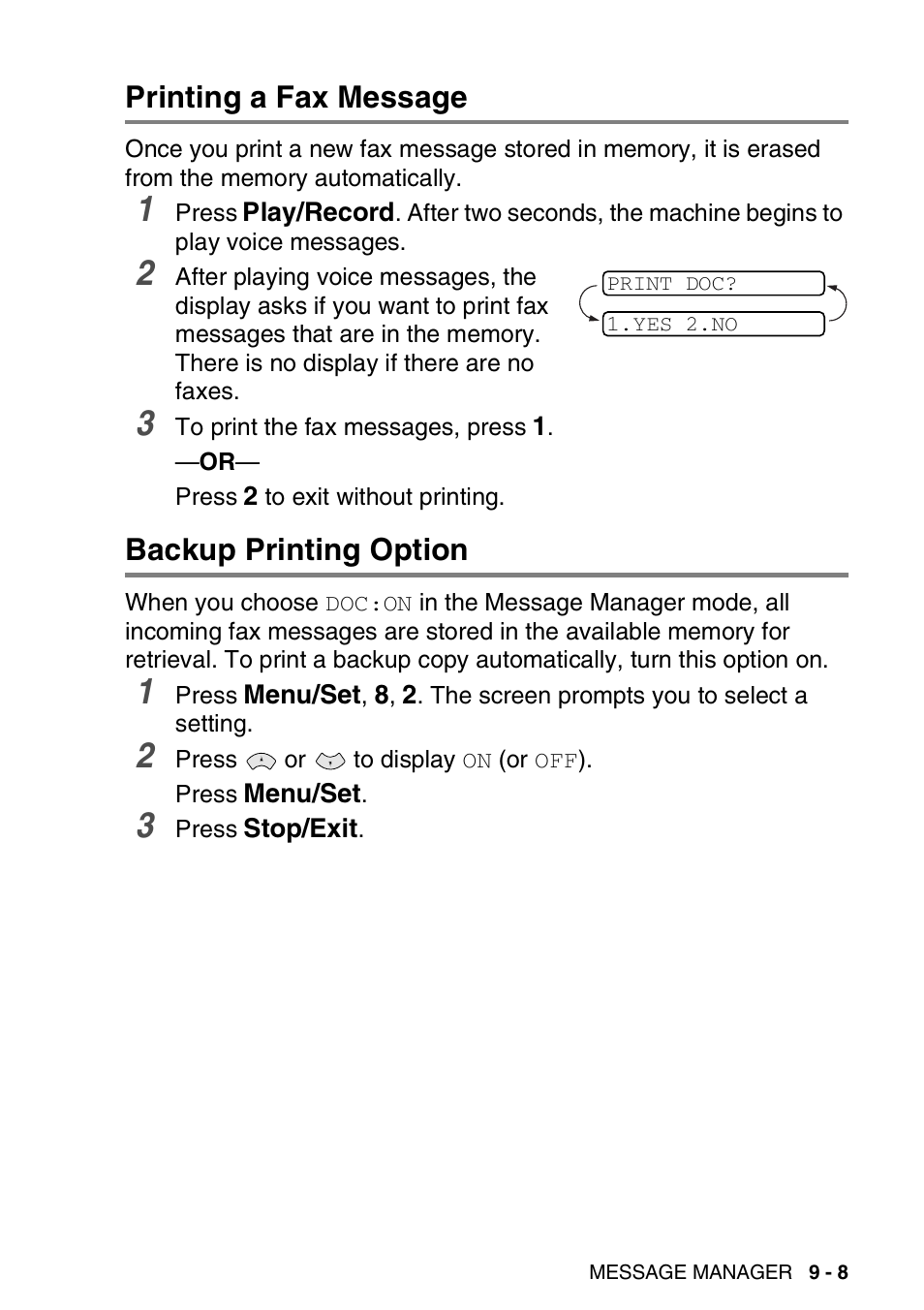Printing a fax message, Backup printing option | Brother FAX-T94 User Manual | Page 117 / 166