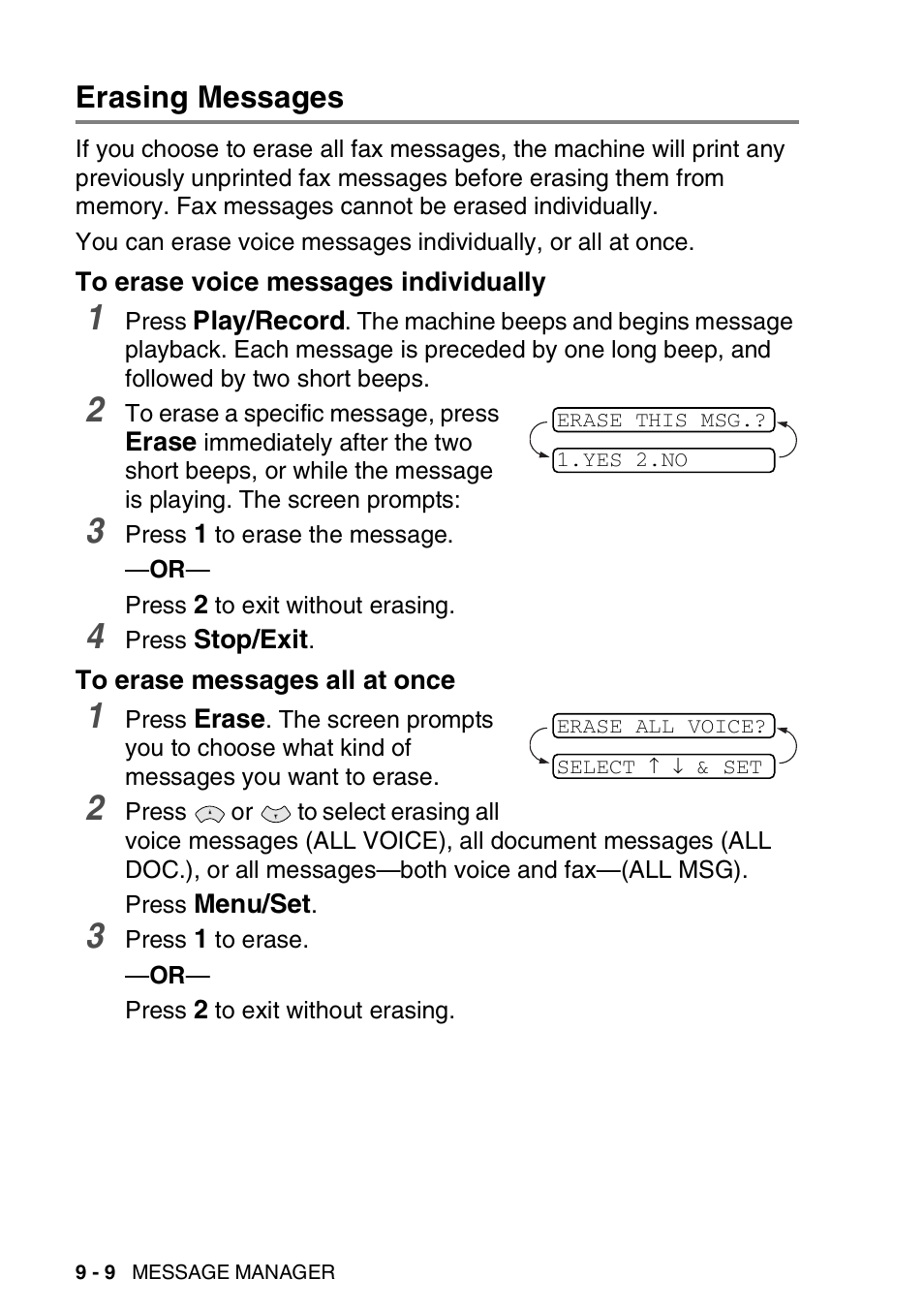 Erasing messages, To erase voice messages individually, To erase messages all at once | Erasing messages -9 | Brother FAX-T94 User Manual | Page 118 / 166