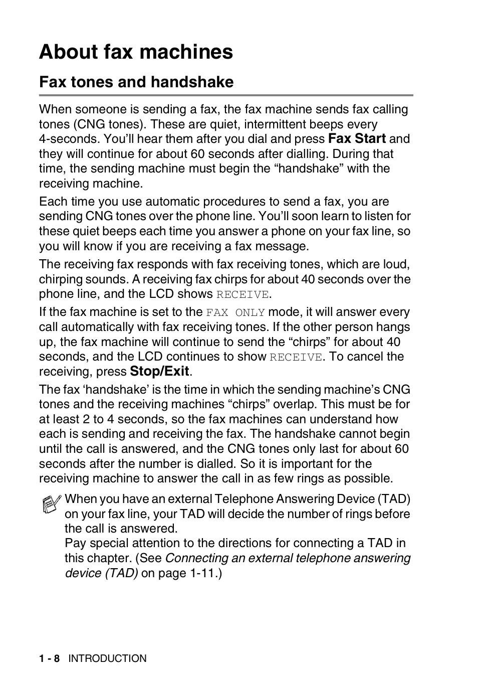 About fax machines, Fax tones and handshake, About fax machines -8 | Fax tones and handshake -8 | Brother FAX-T94 User Manual | Page 22 / 166