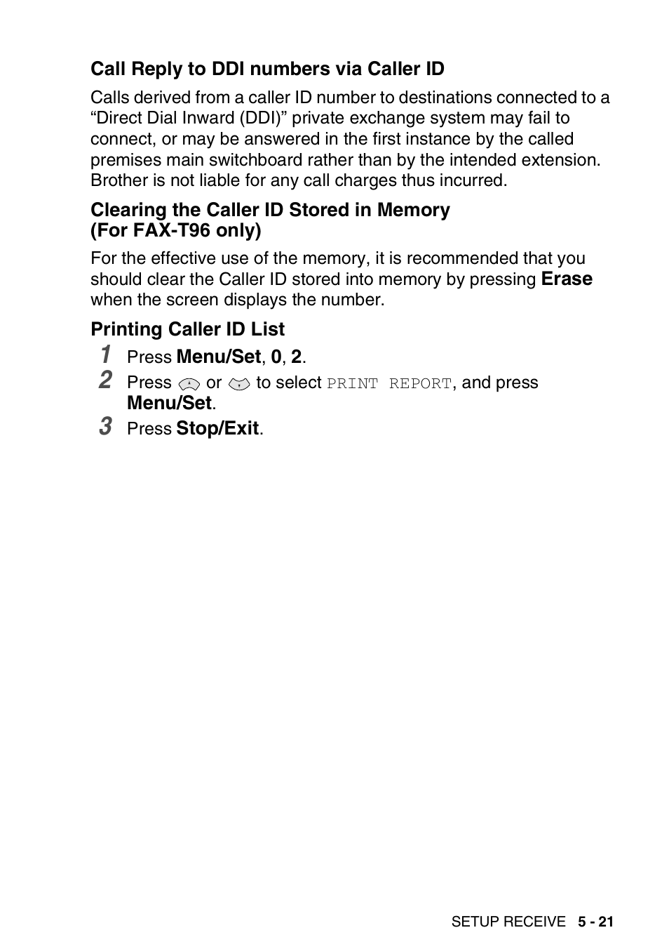Call reply to ddi numbers via caller id, Printing caller id list, For fax-t96 only) -21 | Printing caller id list -21 | Brother FAX-T94 User Manual | Page 69 / 166