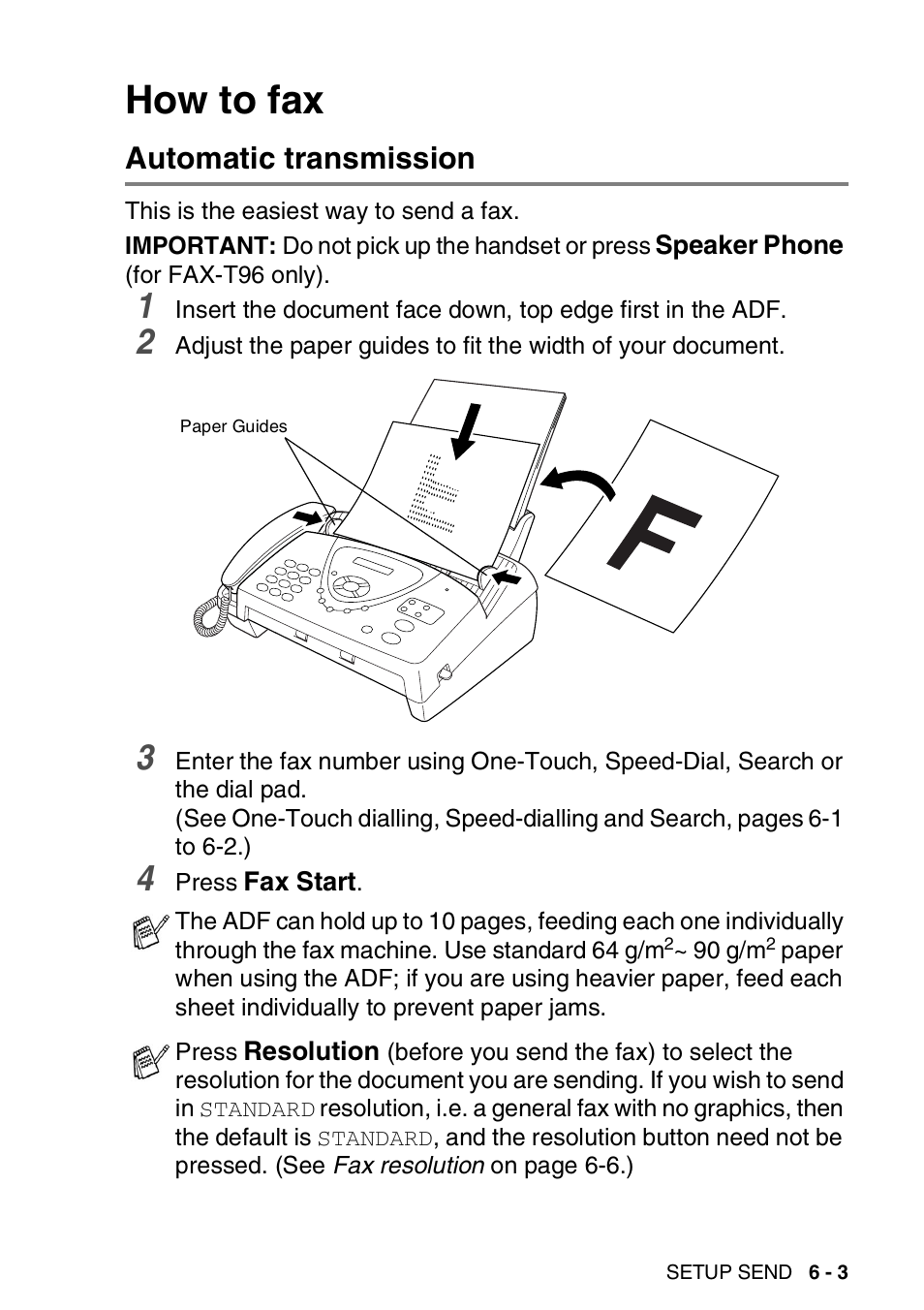 How to fax, Automatic transmission, How to fax -3 | Automatic transmission -3 | Brother FAX-T94 User Manual | Page 73 / 166
