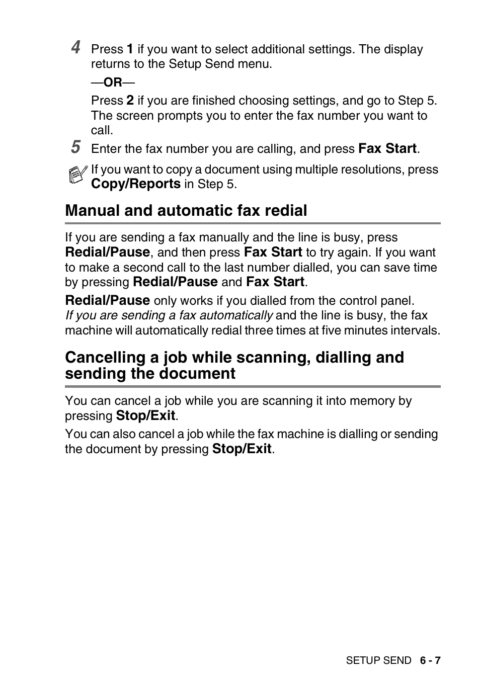 Manual and automatic fax redial, Sending the document -7 | Brother FAX-T94 User Manual | Page 77 / 166