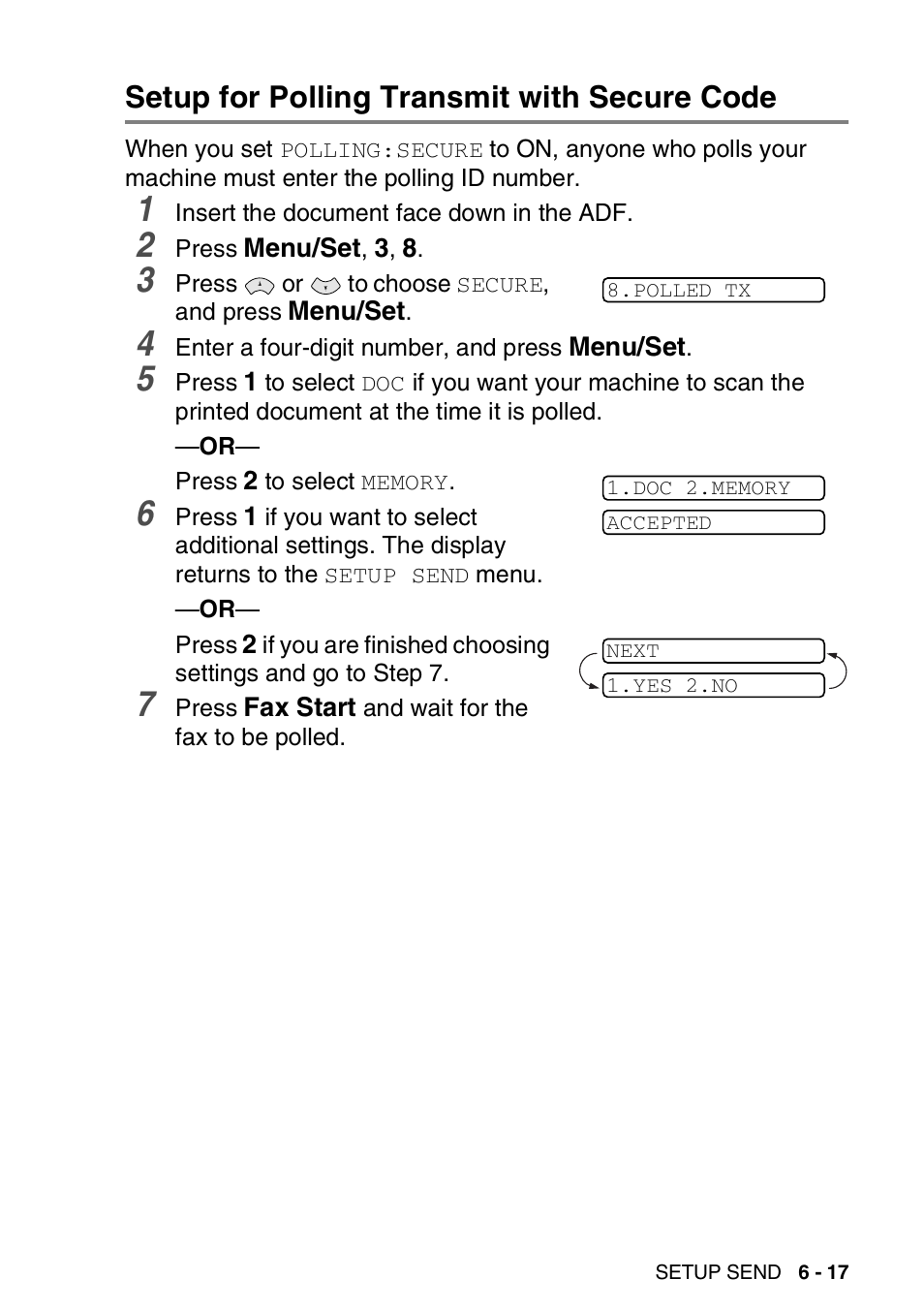 Setup for polling transmit with secure code, Setup for polling transmit with secure code -17 | Brother FAX-T94 User Manual | Page 87 / 166