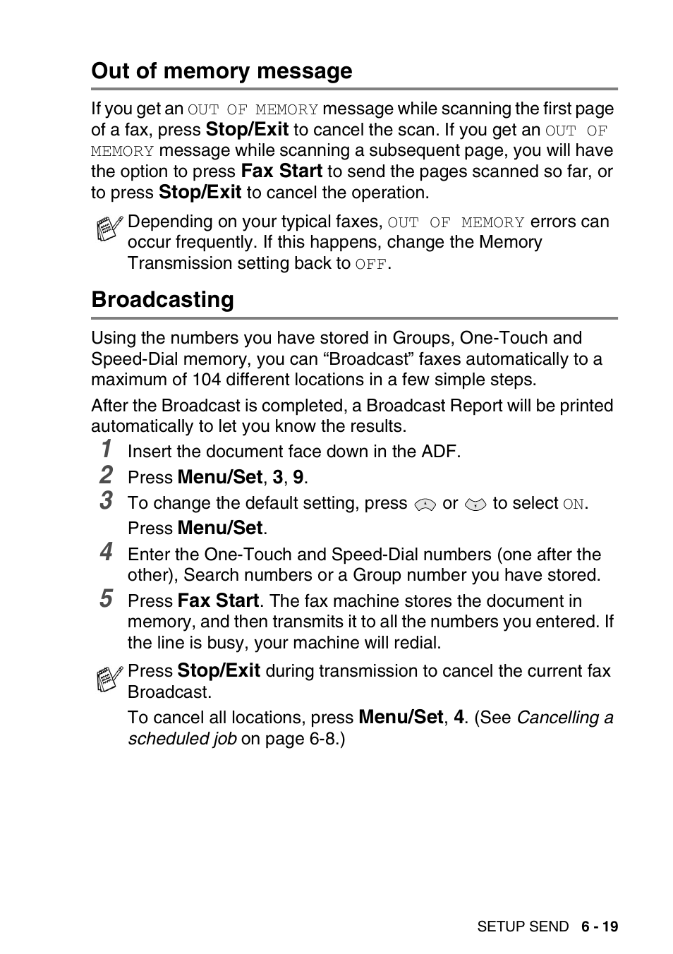 Out of memory message, Broadcasting, Out of memory message -19 broadcasting -19 | Brother FAX-T94 User Manual | Page 89 / 166