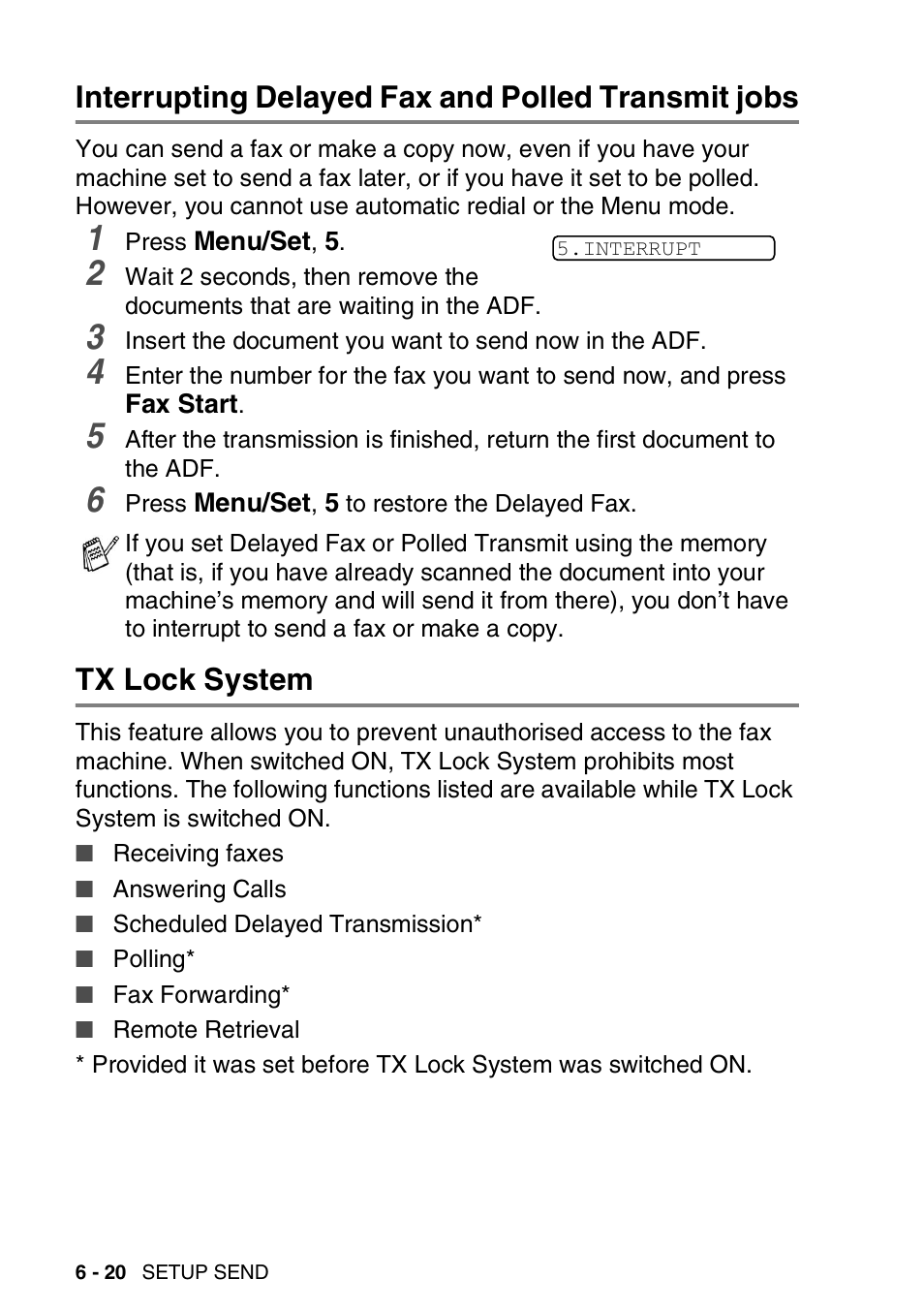 Interrupting delayed fax and polled transmit jobs, Tx lock system | Brother FAX-T94 User Manual | Page 90 / 166