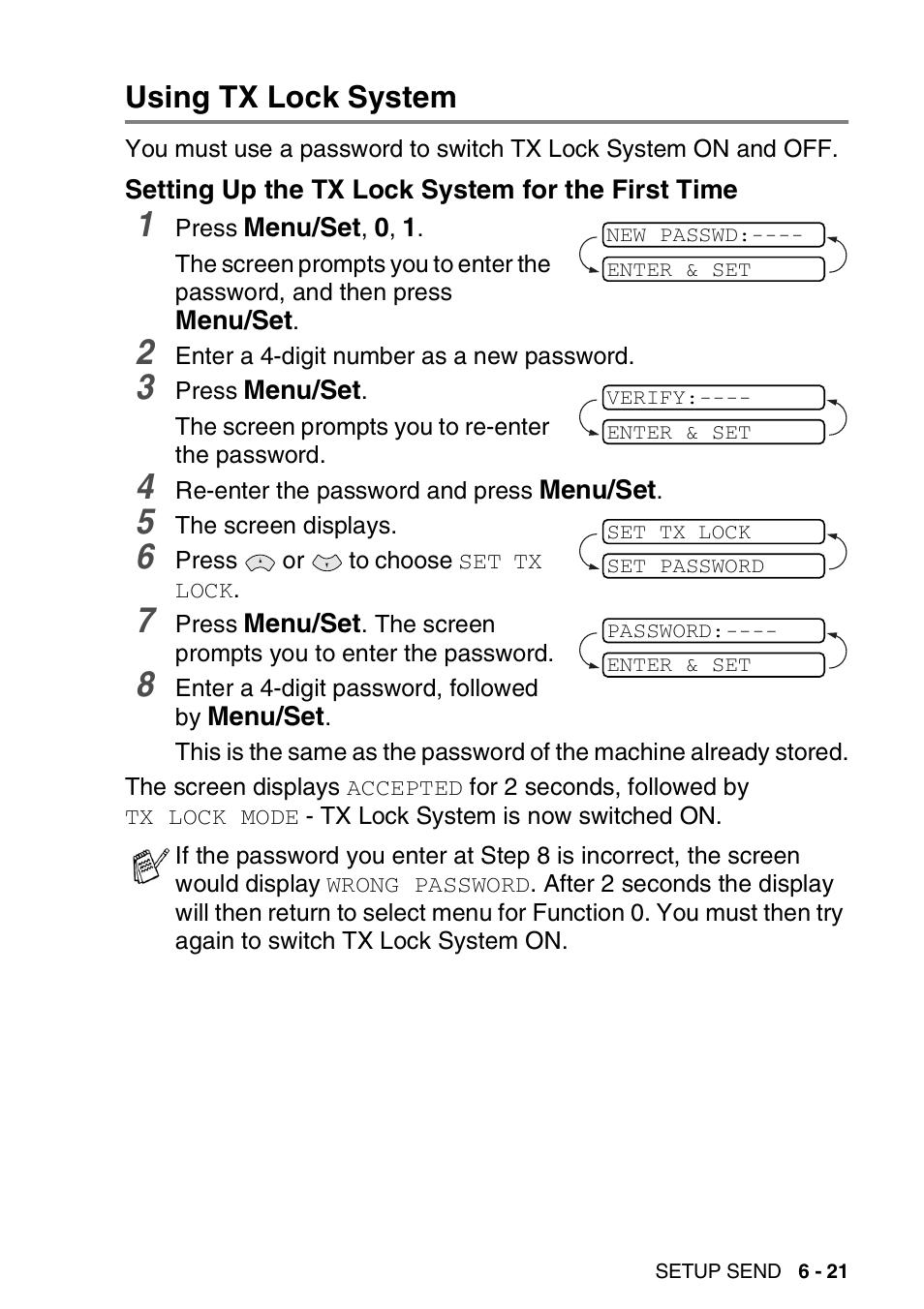 Using tx lock system, Setting up the tx lock system for the first time, Using tx lock system -21 | Setting up the tx lock system for, The first time -21 | Brother FAX-T94 User Manual | Page 91 / 166
