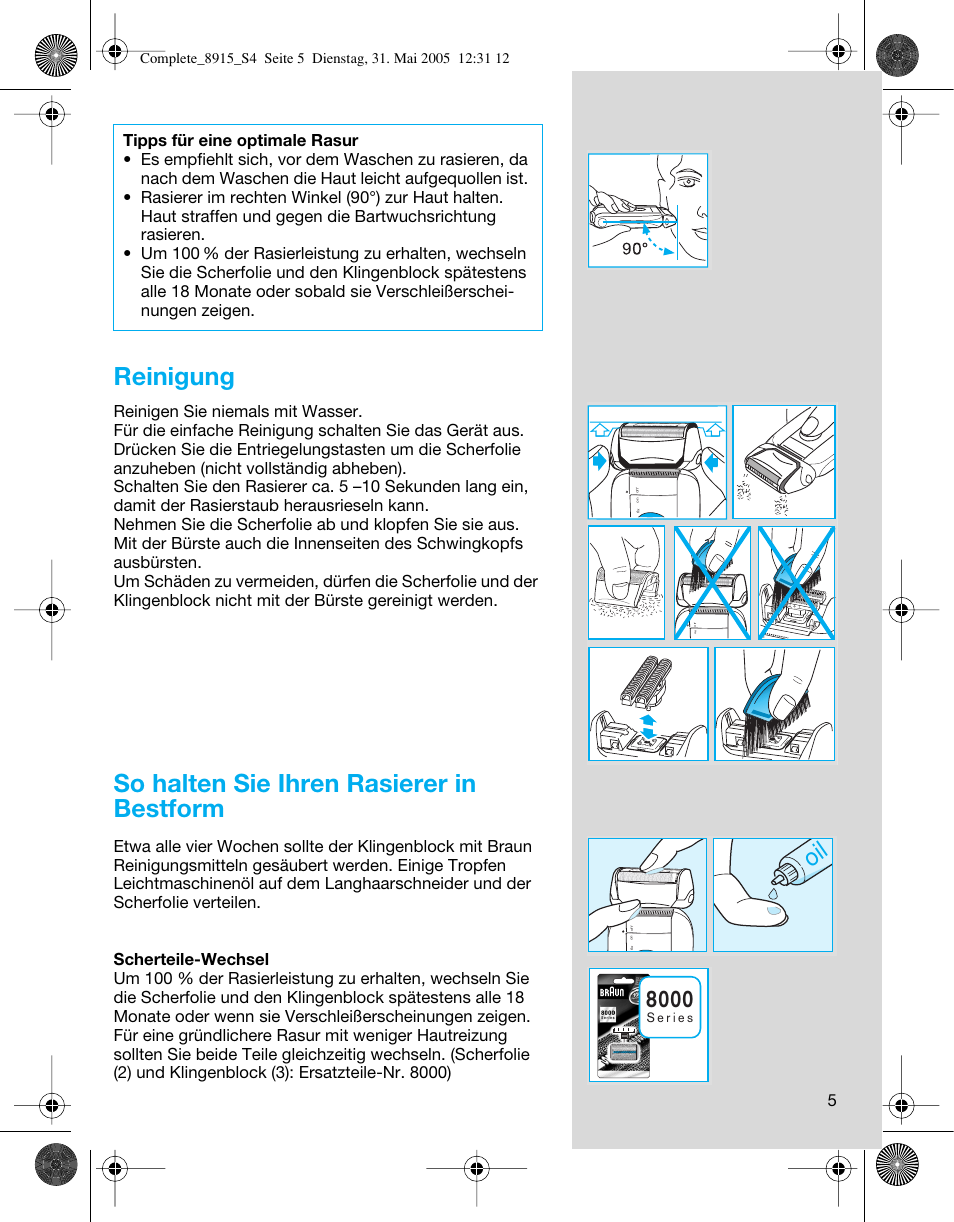 Reinigung, So halten sie ihren rasierer in bestform | Braun 8915 360°Complete User Manual | Page 5 / 50