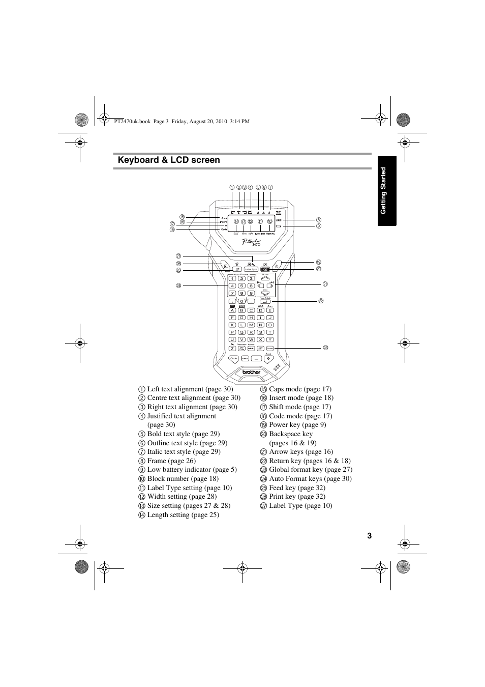 Keyboard & lcd screen | Brother PT-2470 User Manual | Page 13 / 66
