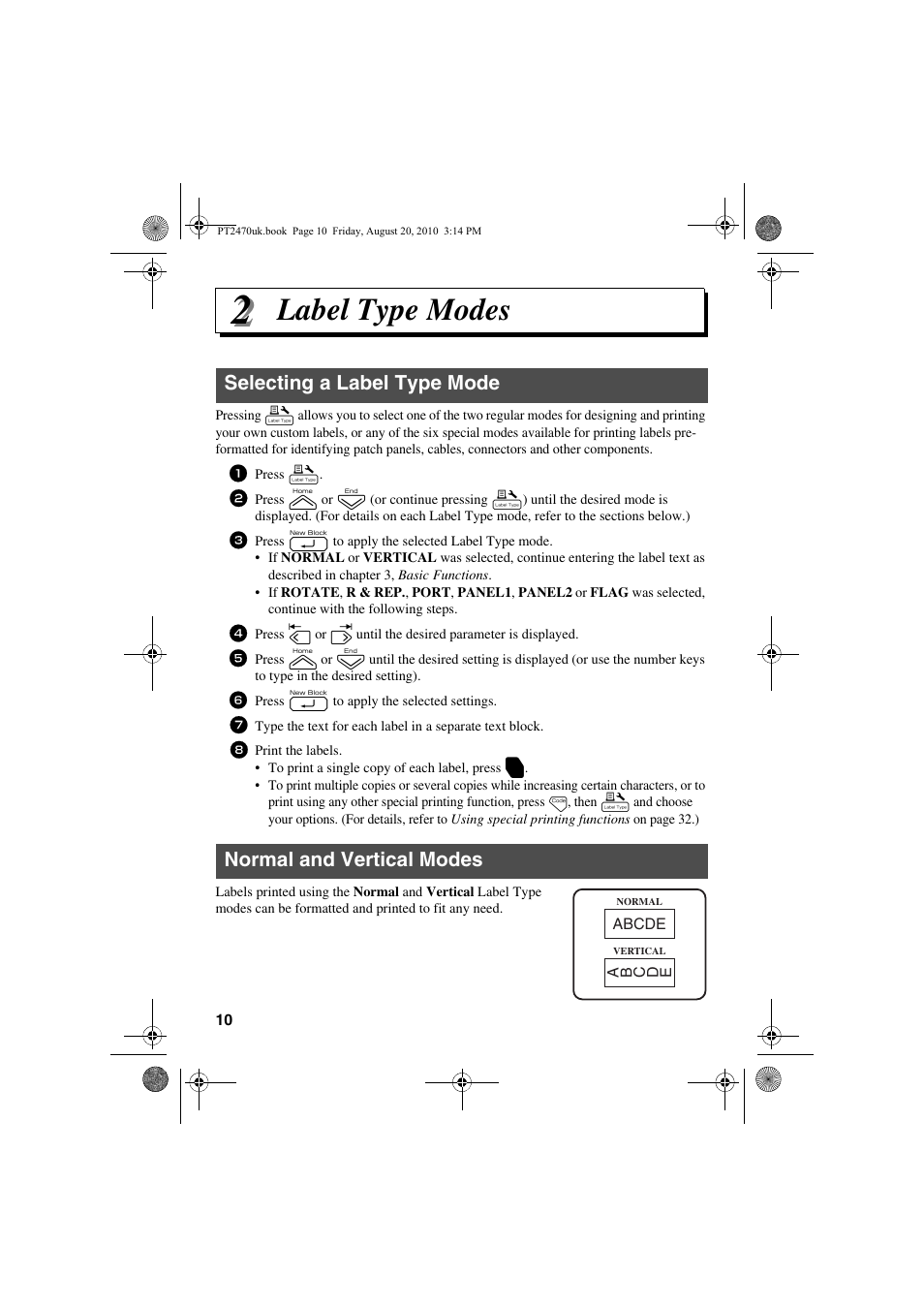 Label type modes, Selecting a label type mode, Normal and vertical modes | Brother PT-2470 User Manual | Page 20 / 66