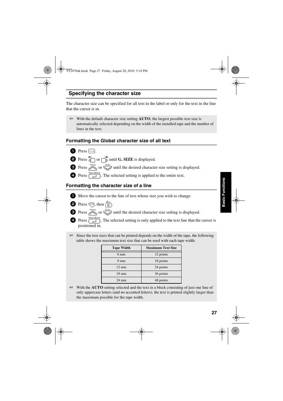 Specifying the character size | Brother PT-2470 User Manual | Page 37 / 66
