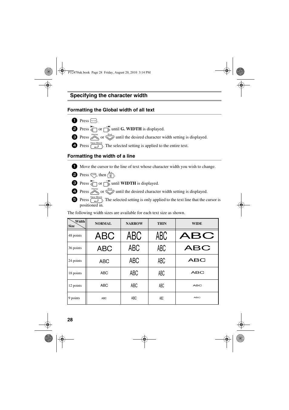 Specifying the character width | Brother PT-2470 User Manual | Page 38 / 66