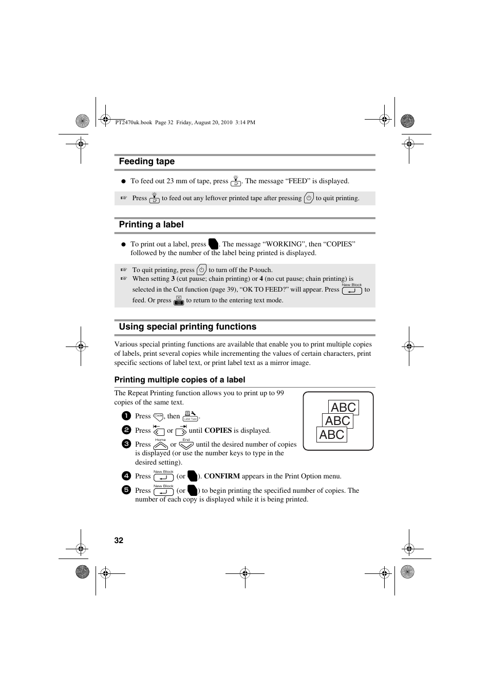 Feeding tape, Printing a label, Using special printing functions | To using | Brother PT-2470 User Manual | Page 42 / 66