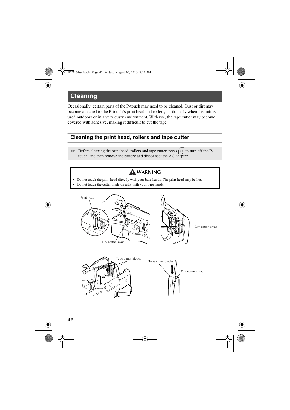 Cleaning, Cleaning the print head, rollers and tape cutter | Brother PT-2470 User Manual | Page 52 / 66