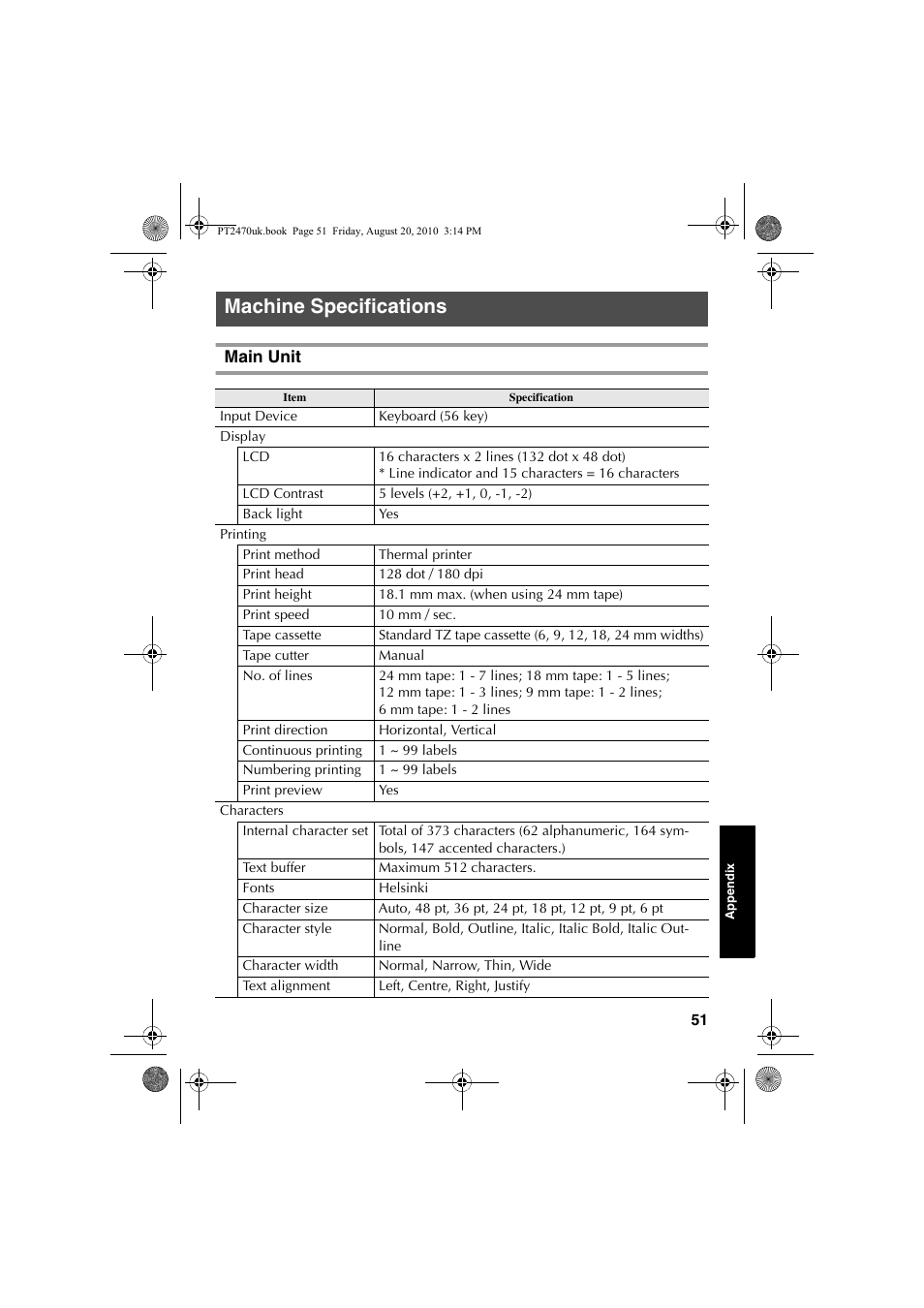 Machine specifications, Main unit | Brother PT-2470 User Manual | Page 61 / 66