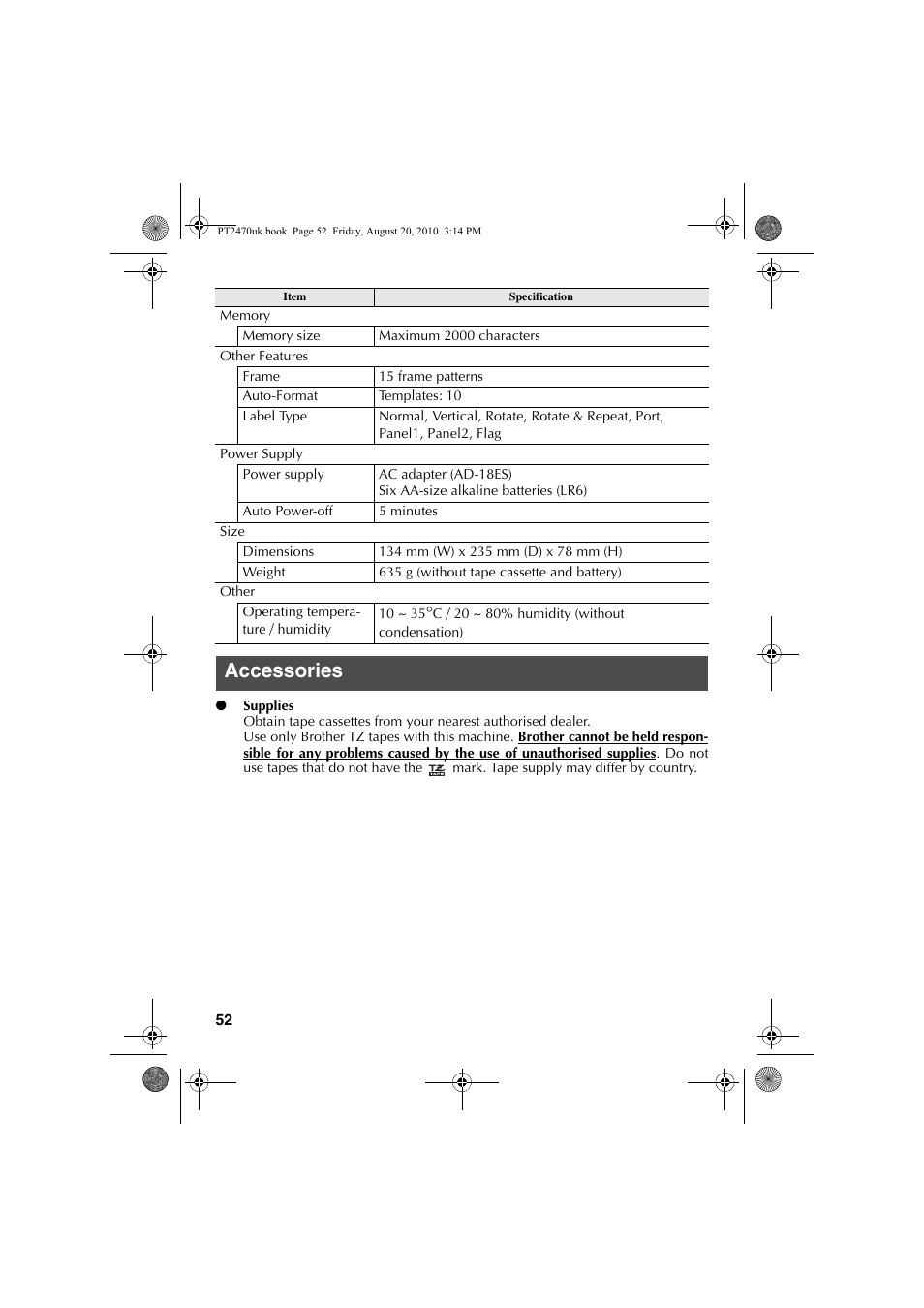 Accessories | Brother PT-2470 User Manual | Page 62 / 66