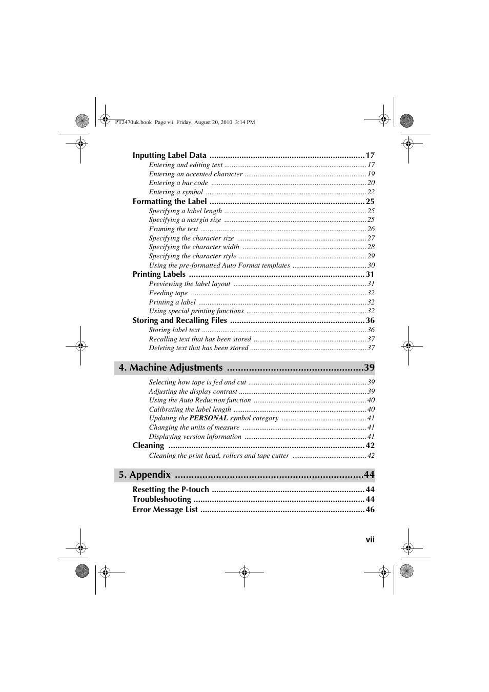 Machine adjustments, Appendix | Brother PT-2470 User Manual | Page 9 / 66