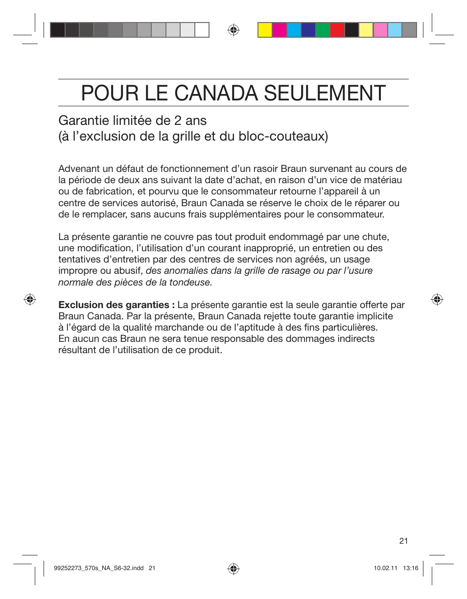 Pour le canada seulement | Braun 530s-4 Series 5 User Manual | Page 20 / 28